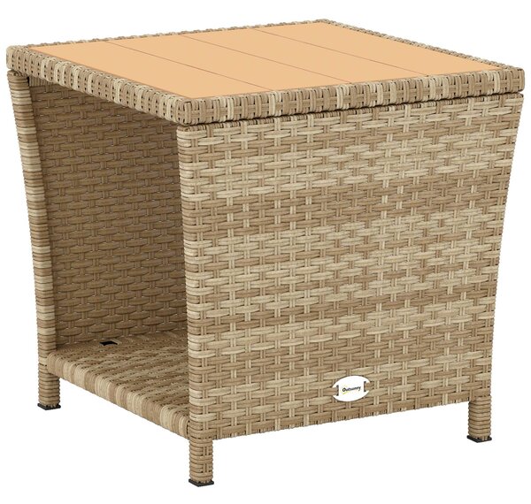 Outsunny Side Table 2-Tier Outdoor Coffee Table with Storage Shelf PS Wood Slat Top/Khaki