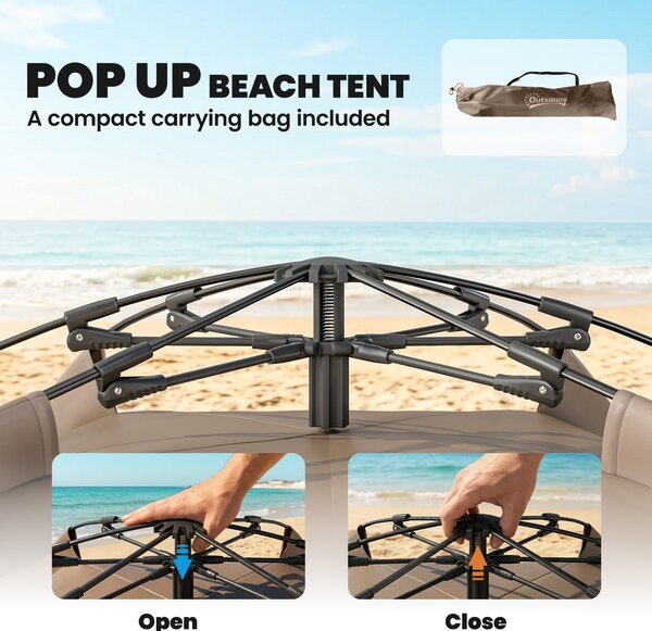 Outsunny 2-3 Person Pop Up Beach Tent, UPF15+ Sun Shelter with Extended Floor, Sandbags, Mesh Windows and Carry Bag, Brown