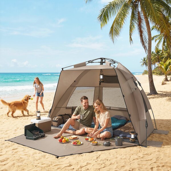 Outsunny 2-3 Person Pop Up Beach Tent, UPF15+ Sun Shelter with Extended Floor, Sandbags, Mesh Windows and Carry Bag, Brown