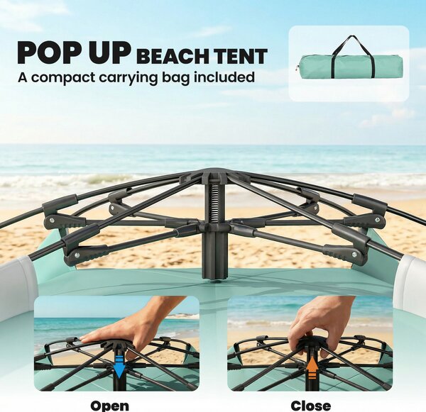 Outsunny 2-3 Person Pop Up Beach Tent, UPF15+ Sun Shelter with Extended Floor, Sandbags, Mesh Windows and Carry Bag, Green