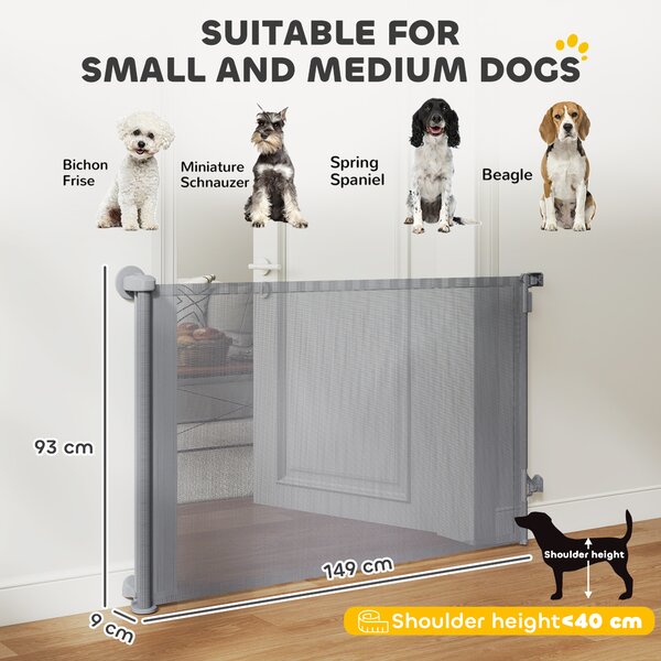 PawHut Retractable Dog Gate, Extends to 140 cm Wide & 93 cm Tall, Mesh Pet Gate with Single Hand Operation, for Stairs Doorways