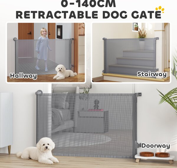 PawHut Retractable Dog Gate, Extends to 140 cm Wide & 93 cm Tall, Mesh Pet Gate with Single Hand Operation, for Stairs Doorways
