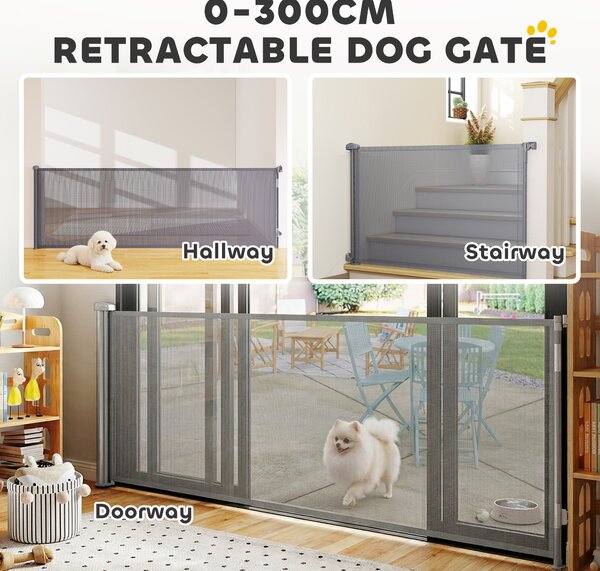PawHut Retractable Dog Gate, Extends to 300 cm Wide & 104 cm Tall, Mesh Pet Gate Single Hand Operation, for Stairs Doorways