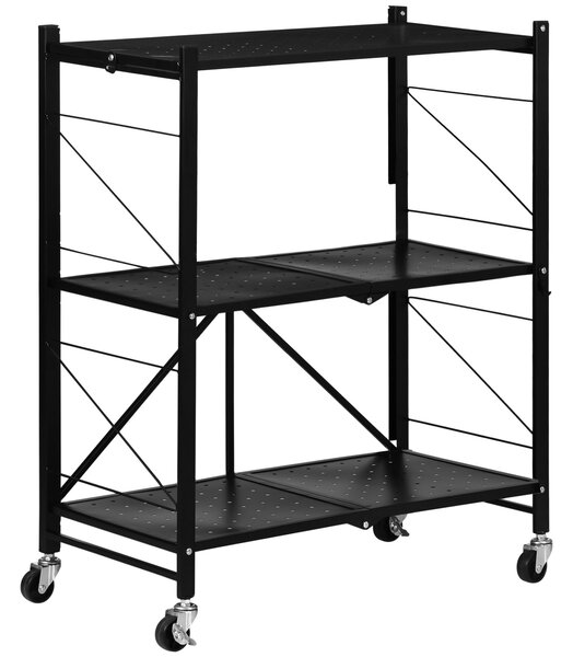 HOMCOM Foldable Storage Trolley Cart, 3-Tier, Rolling Utility Cart for Kitchen, Living Room, Bathroom, Black