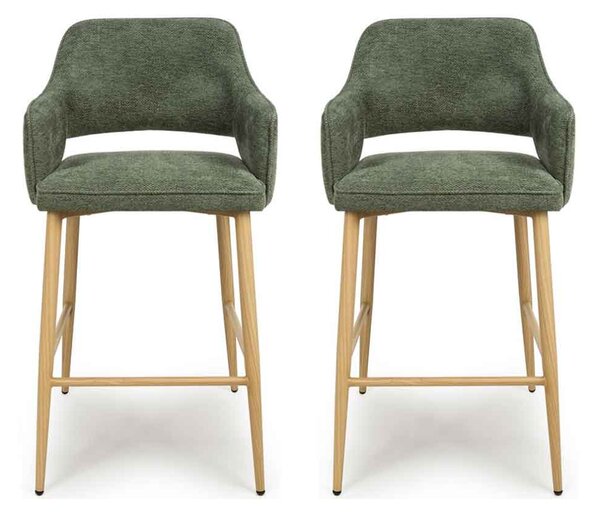 Eureka Green Fabric Bar Chairs with Oak Legs in Pair