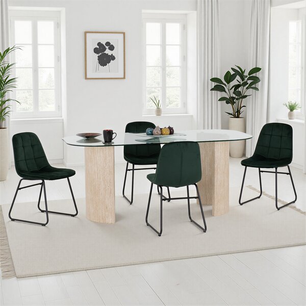 Mirano Clear Glass Top Dining Table With 4 Lyster Emerald Green Chairs