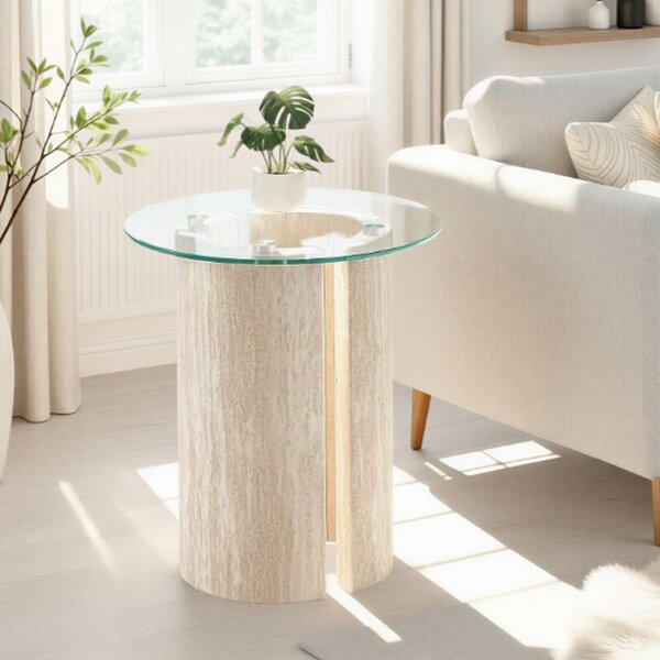 Mirano Clear Glass Top Side Table With Cream Marble Effect Legs