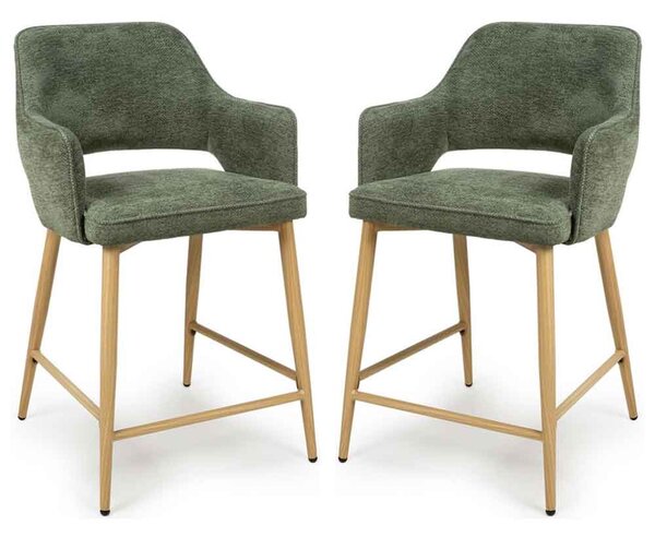 Eureka Green Fabric Counter Bar Chairs with Oak Legs in Pair