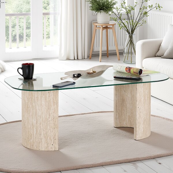 Mirano Clear Glass Top Coffee Table With Cream Marble Effect Legs
