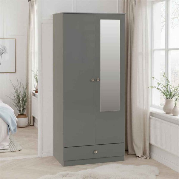 Delvian High Gloss Wardrobe With 2 Doors and 1 Drawer In Grey