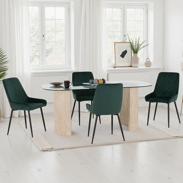 Mirano Clear Glass Top Dining Table With 4 Avah Emerald Green Chairs