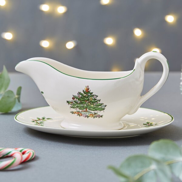 Dunelm White & Green Christmas Tree Sauce Boat and Stand, 16cm x 21cm x 11.5cm White