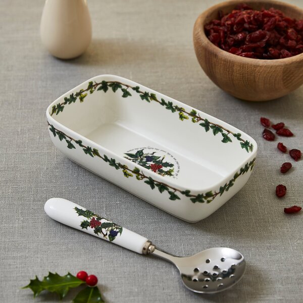 The Holly and the Ivy Cranberry Dish and Spoon White