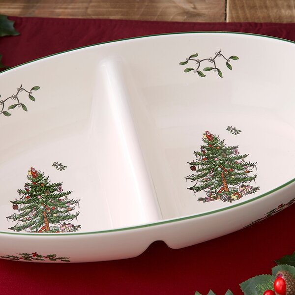 Dunelm Porcelain White & Green Christmas Tree Large Divided Server Dish, 34.2cm x 18cm x 7.5cm White