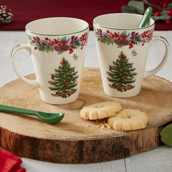 Dunelm Porcelain White & Green Christmas Tree 2023 Annual Mug and Spoon Set, 12cm x 12.5cm x 10cm White