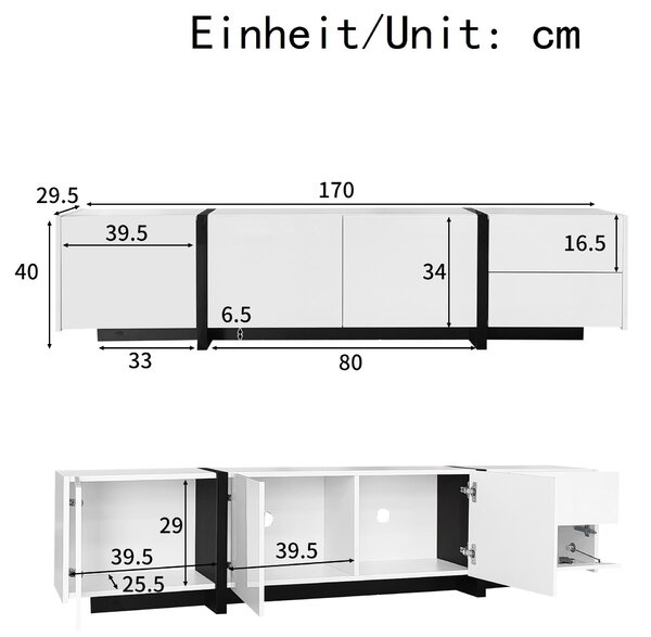 High-Gloss Black and White TV Cabinet with 3 Doors, Ample Storage, Modern TV Stand for Living Room, 170L x 29.5W x 40H cm, Black+White Aosom UK