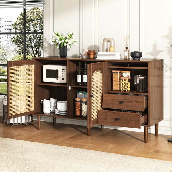 Country-Style Sideboard with Doors and Adjustable Shelves, Cabinet Ideal for Living Room and Hallway, 130L x 40W x 75.5H cm, Natural Aosom UK