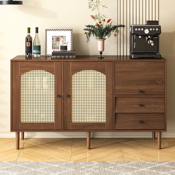 Country-Style Sideboard with Doors and Adjustable Shelves, Cabinet Ideal for Living Room and Hallway, 130L x 40W x 75.5H cm, Natural Aosom UK