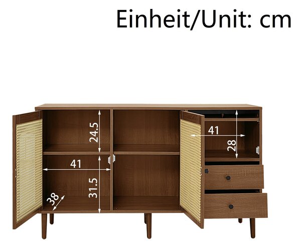 Country-Style Sideboard with Doors and Adjustable Shelves, Cabinet Ideal for Living Room and Hallway, 130L x 40W x 75.5H cm, Natural Aosom UK