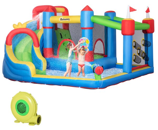 Outsunny 5 in 1 Kids Bounce Castle Large Castle Style Inflatable House Slide Trampoline Pool Water Gun Climbing Wall for Kids Age 3-8