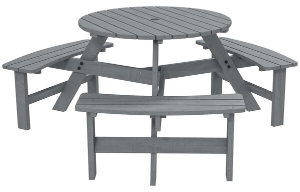 Outsunny 6 Seater Wooden Picnic Table and Bench Set Round Patio Dining Set with 3 Benches and Umbrella Hole Outdoor Garden Park, Grey