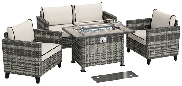 Outsunny 5-Piece Rattan Patio Furniture Set with Gas Fire Pit Table, Loveseat Sofa, Armchairs, Cushions, Pillows, Grey