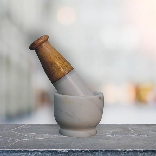 Small Marble Pestle & Mortar Set, Handmade Wooden Handle, Compact Spice Grinder for Herbs, 7 x 7 x 6 cm, Brown & White Aosom UK