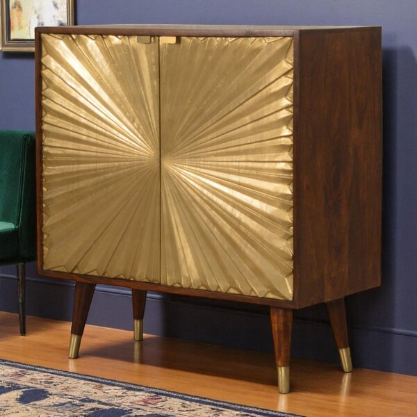 Solid Mango Wood Bedside Cabinet with Brass-Plated Doors, Clear Natural Finish, Cupboard for Living Room, 35L x 75W x 80H cm, Brown Aosom UK