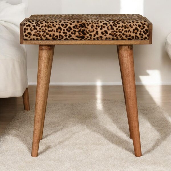 Solid Wood Footstool with Comfort-Filled and Hand-Finished, Footstool with Leopard Velvet Tray-Style Top, 35L x 50W x 52H cm, Brown Aosom UK