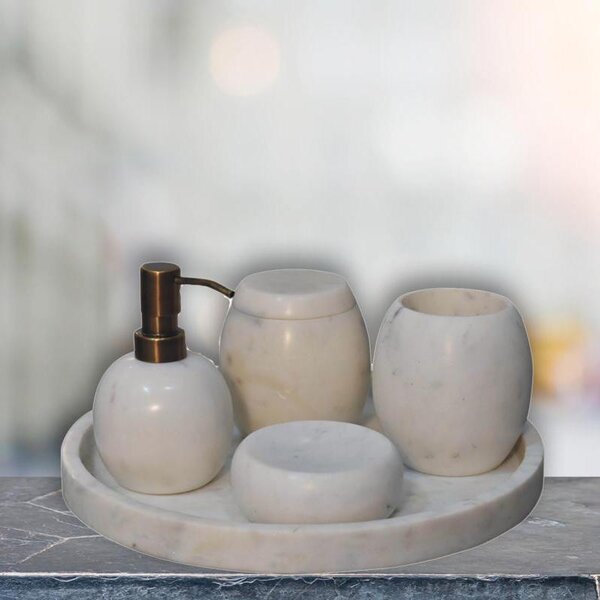 5-Piece Marble Bathroom Accessories Set with Sustainable Durable Design, Hand-Finished Set with Mango Wood, 10L x 10W x 14H cm, White Aosom UK