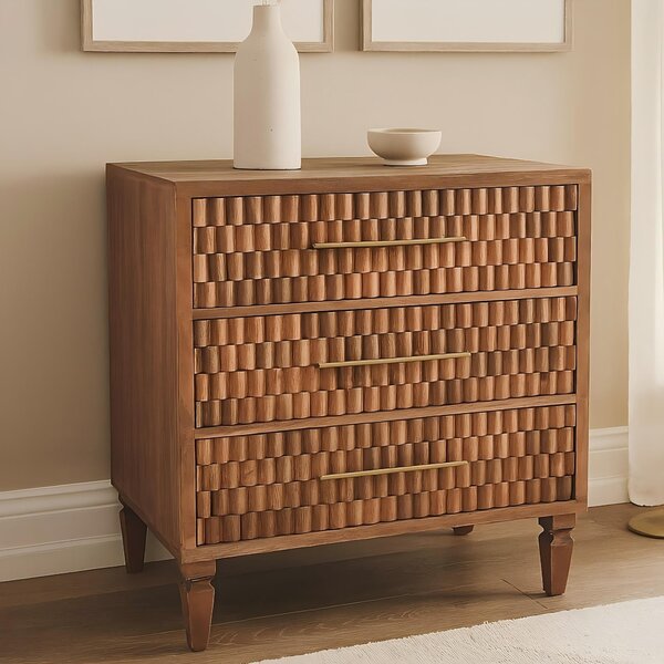 Bedside Chest with 3 Drawers, Bedside Cabinet with Mango Wood for Easy Storage, Brown Aosom UK