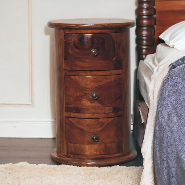 100% Solid Sheesham Wood Bedside Cabinet with Woven Pattern and 3 Drawers, Desk Ideal for Bedroom, Hallway, 32L x 32W x 50H cm, Brown Aosom UK