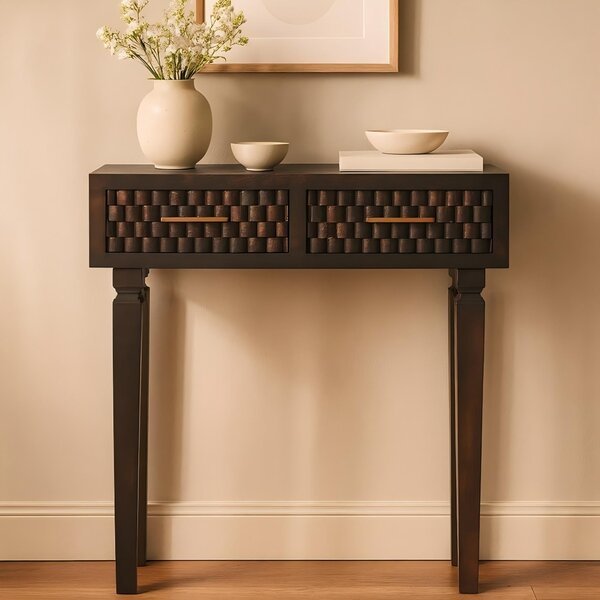 Solid Wood Arno Console Table with 2 Smooth-Gliding Drawers, Handcrafted Bedside Table with Mango Wood, 35L x 80W x 82H cm, Brown Aosom UK