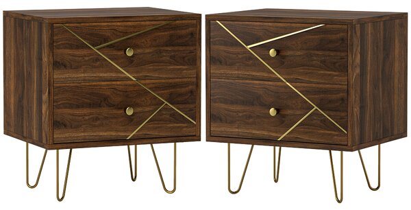 HOMCOM Bedside Tables Set of 2, Modern Side Table Set with 2 Drawers and Steel Hairpin Legs, Nightstand for Bedroom, Brown Wood Grain