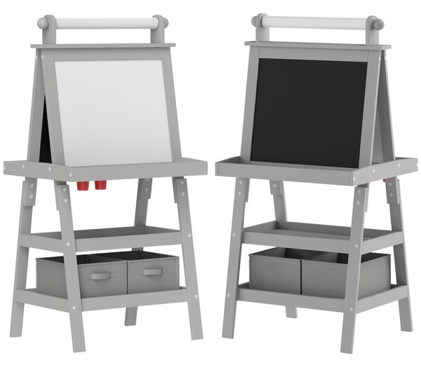 AIYAPLAY 3 in 1 Kids Art Easel, Double-Sided Magnetic Whiteboard and Chalkboard with Paper Roll, Storage Baskets, Painting Easel for Kids, Grey Aosom UK