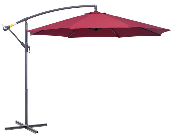 Outsunny 3(m) Garden Banana Parasol Hanging Cantilever Umbrella with Crank Handle and Cross Base for Outdoor, Sun Shade, Wine Red