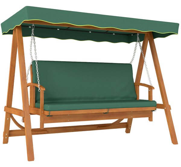 Outsunny 3 Seater 2-in-1 Wooden Garden Swing Seat Swing Chair Outdoor Convertible Hammock Bench Furniture Lounger Bed Wood, Dark Green