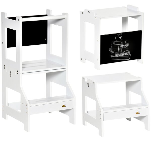 HOMCOM 2-in-1 Kids Step Stool, Toddler Table and Chair Set, with Safety Rail Chalkboard Kitchen Helper Standing Tower, White