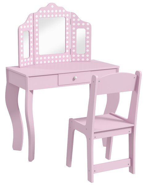AIYAPLAY Kids Dressing Table Sets with Stool and Tri-Fold Mirror, Drawer for Playroom, Bedroom - Pink Aosom UK