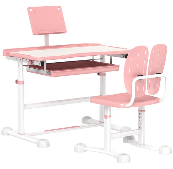 AIYAPLAY Height Adjustable Kids Desk and Chair Set, School Study Writing, Reading Table Chair Set w/ Tilted Desktop, Pink Aosom UK