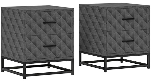 HOMCOM Bedside Tables Set of 2, Modern Bedside Table Nightstand with 2 Drawers, Bedside Cabinet Sofa Side Table with Storage, Steel Legs for Bedroom, Living Room, Grey