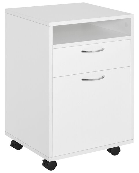 HOMCOM 60cm Storage Cabinet w/ Drawer Open Shelf Metal Handles 4 Wheels Office Home Organiser Mobile Printer White Aosom UK