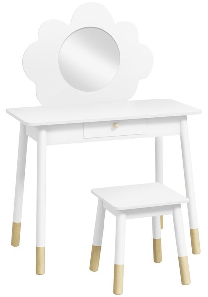 AIYAPLAY Kids Dressing Table with Mirror, Stool, Drawer, Cloud Design, White Aosom UK
