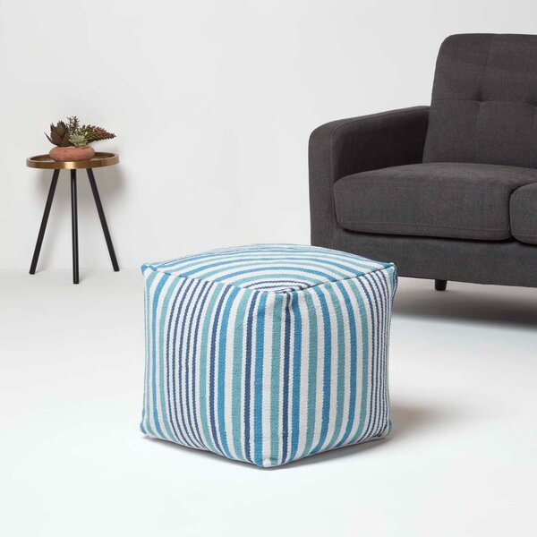 Homescapes Blue and White Stripe Cube Square Footstool 40 x 40 x 40 cm