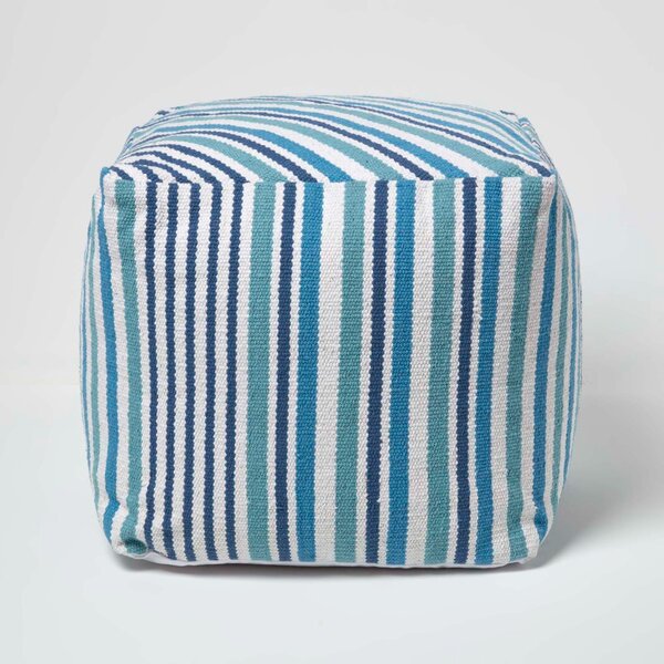 Homescapes Blue and White Stripe Cube Square Footstool 40 x 40 x 40 cm