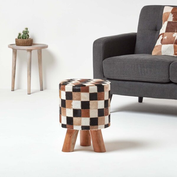 Homescapes Cream, Brown and Tan Hide Check Stool with Wooden Legs