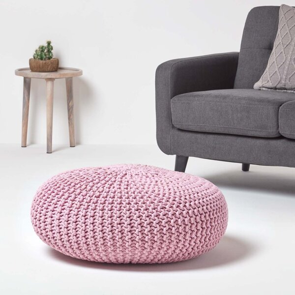 Pastel Pink Knitted Cotton Large Round Pouffe Foostool 70 x 23cm