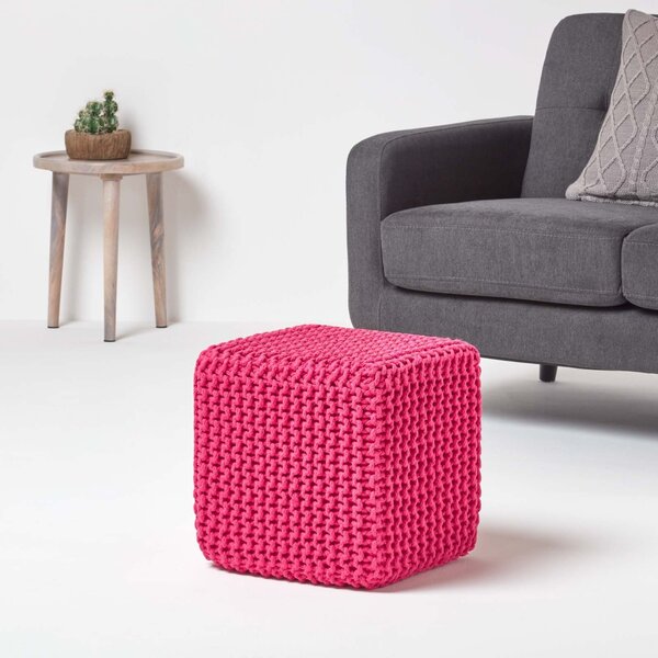 Homescapes Hot Pink Knitted Cotton Cube Footstool 35 x 35 x 35 cm