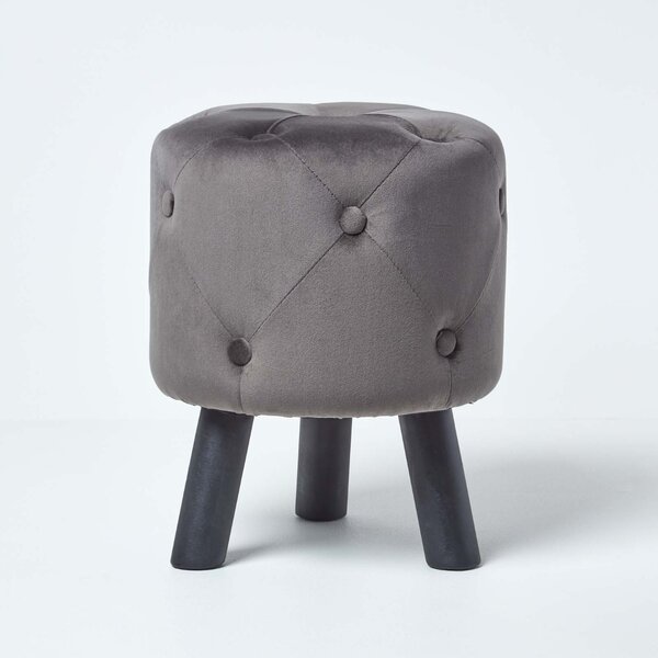 Grey Velvet Footstool Buttoned Quilted Pouffe on Black Wooden Legs