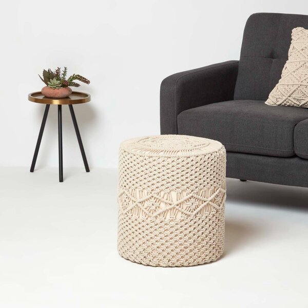 Homescapes Natural Round Macrame Footstool Pouffe 40 cm Tall